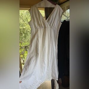 Liz Claiborne White linen V-Neck Midi Dress embroidered lace 16P